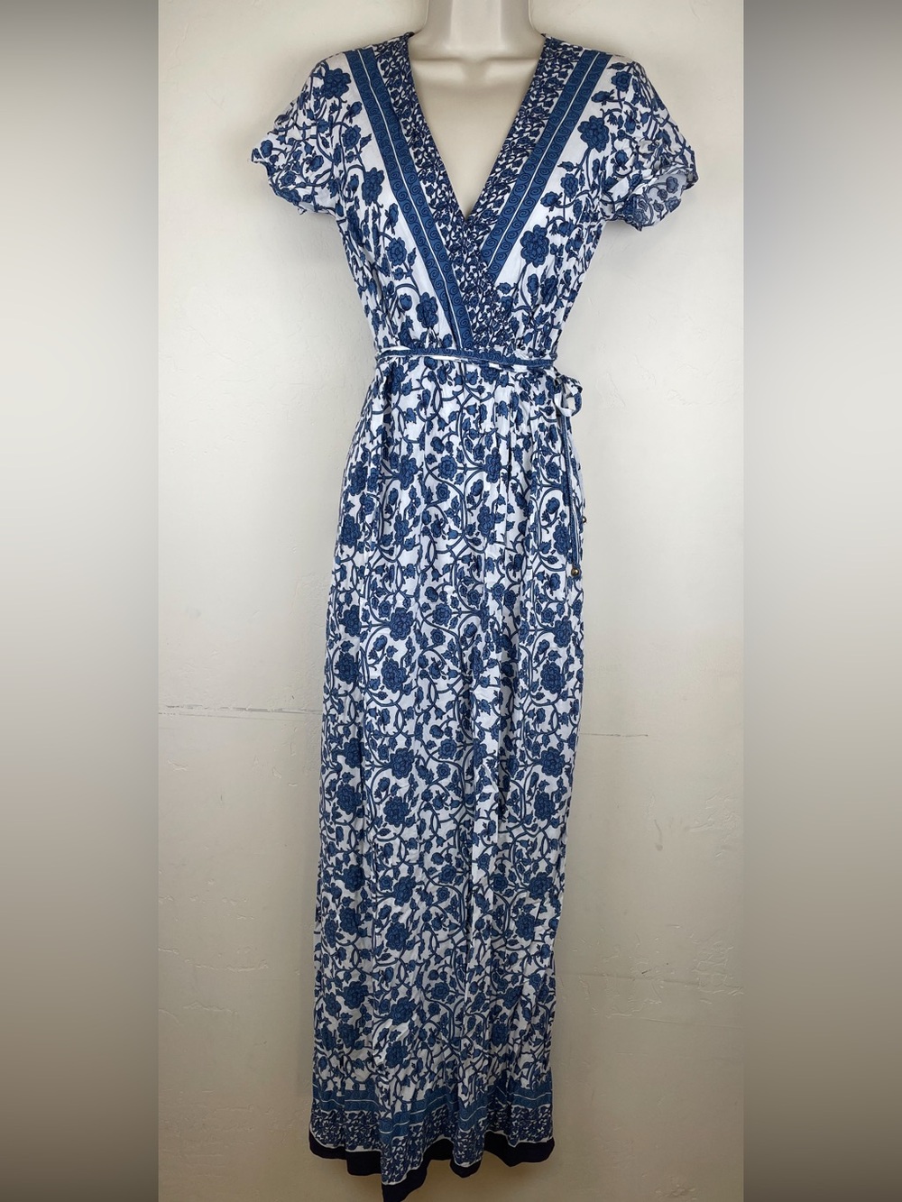 Lulu's Wraparound Blue and White Floral V-Neck Maxi Dress with Tie Belt